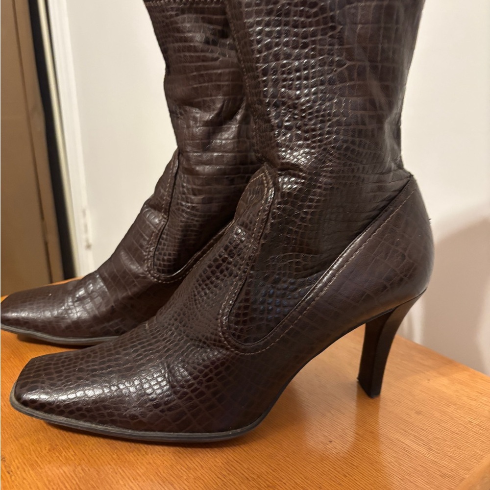 Nine West Dark Brown Textured Heeled Boots - Picture 2 of 5